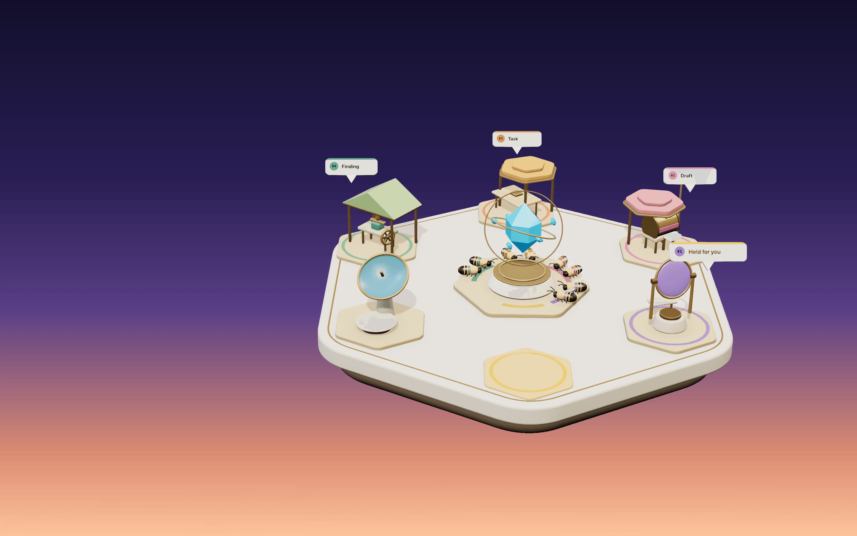 The five squads at work on the island: four desks lit, one decision held for you.